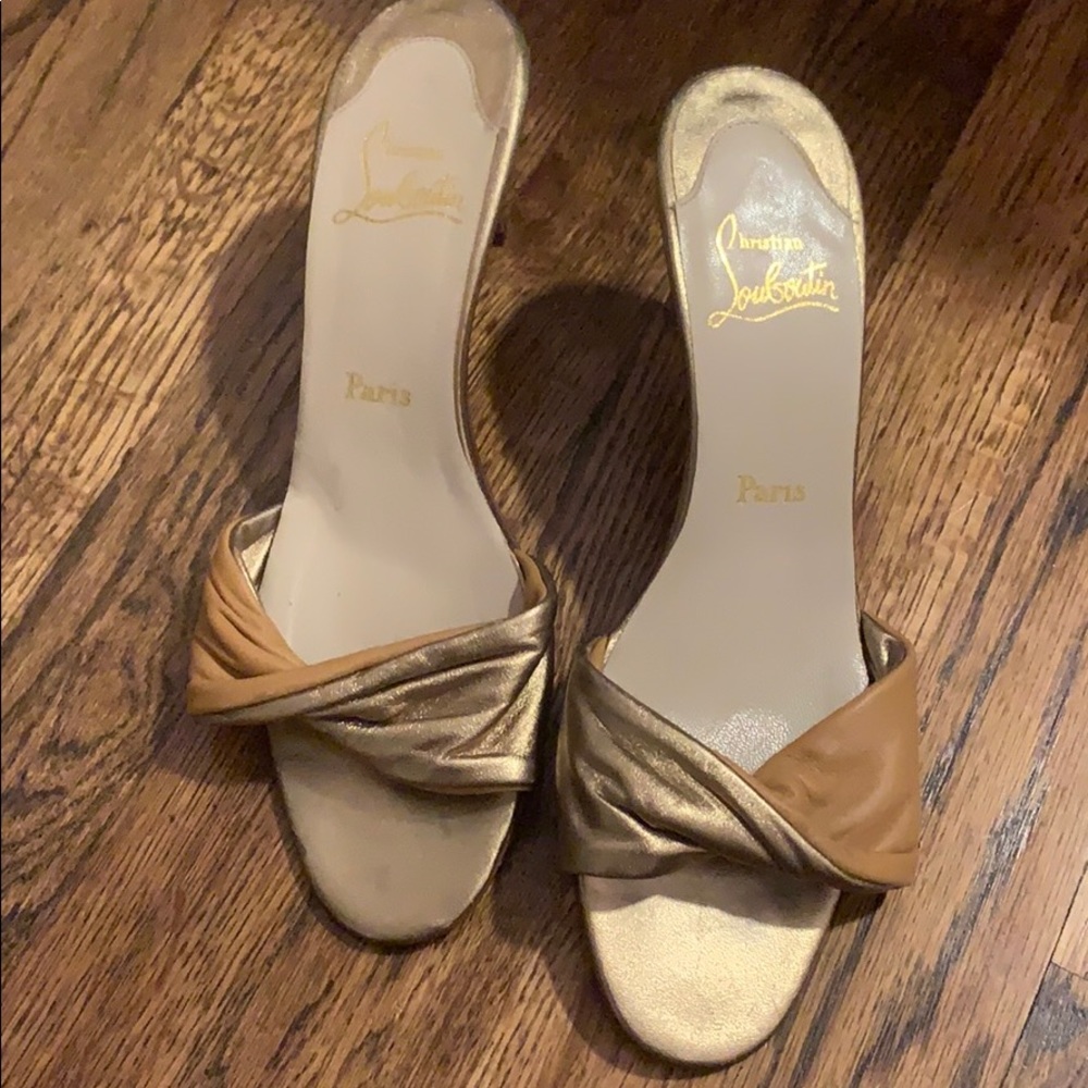 Excellent condition Louboutin mules. Gold and tan